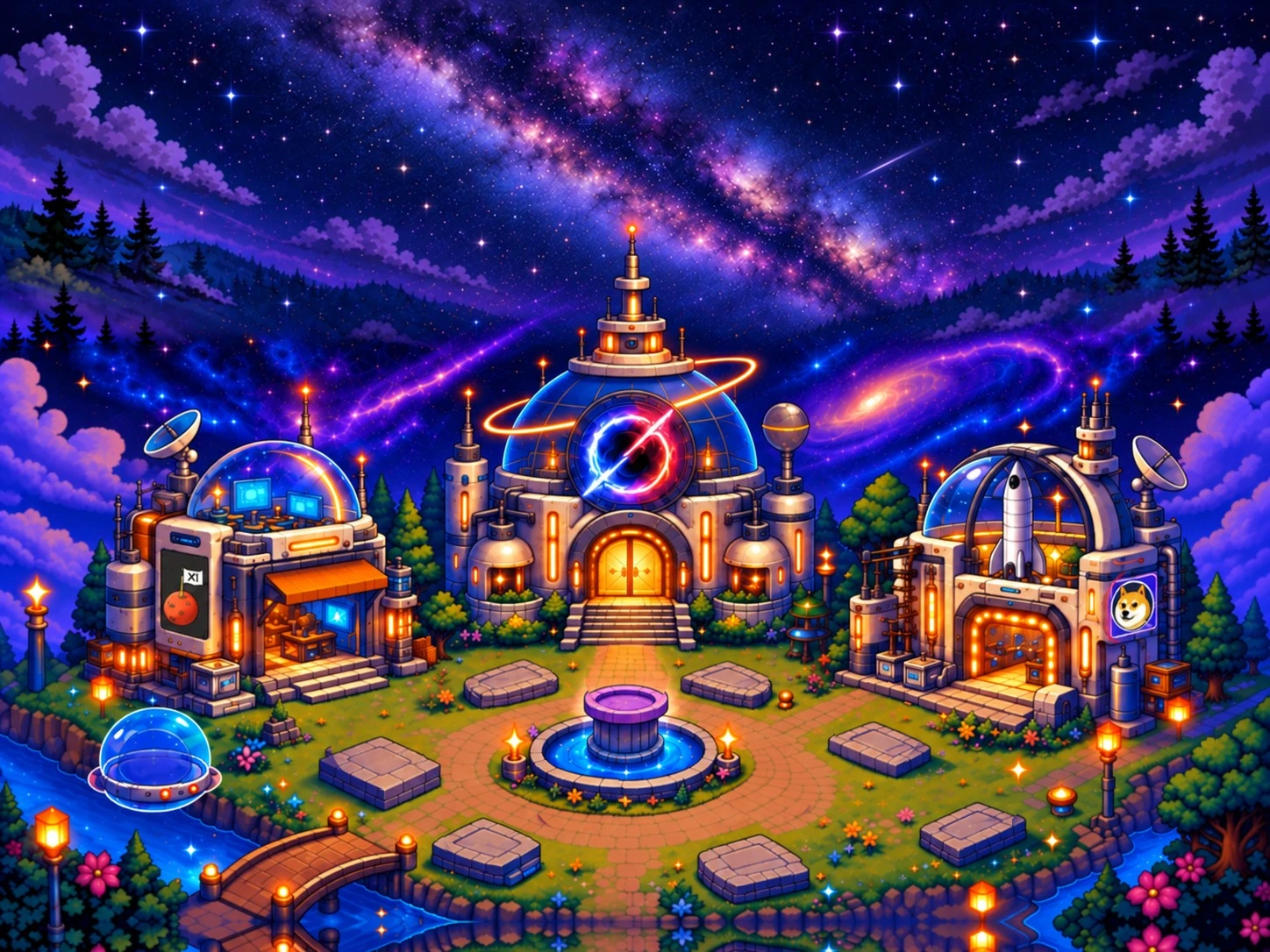 Pixel-art town under the Milky Way, with blob residents and Prime at the fountain square
